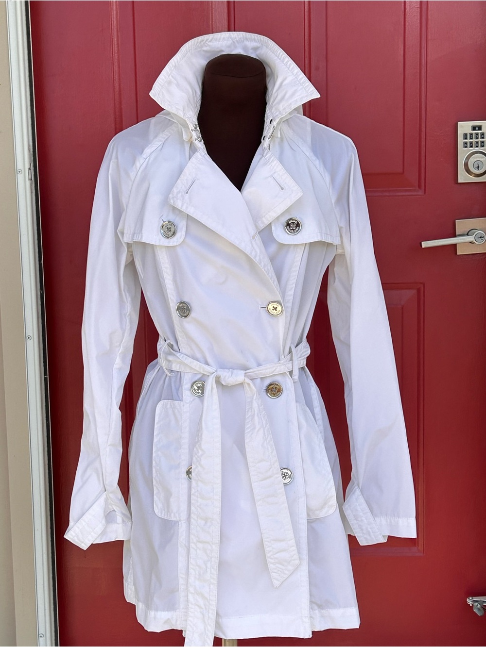 MICHAEL KORS sS White Double-Breasted Trench with Belted Waist-looks NEW-w/hood